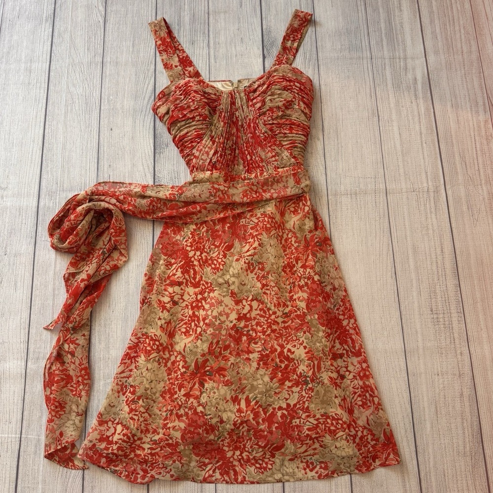 Lauren Ralph Lauren Dress 6P Red Tan Floral Ruched Fit & Flare Sash Belt Petite